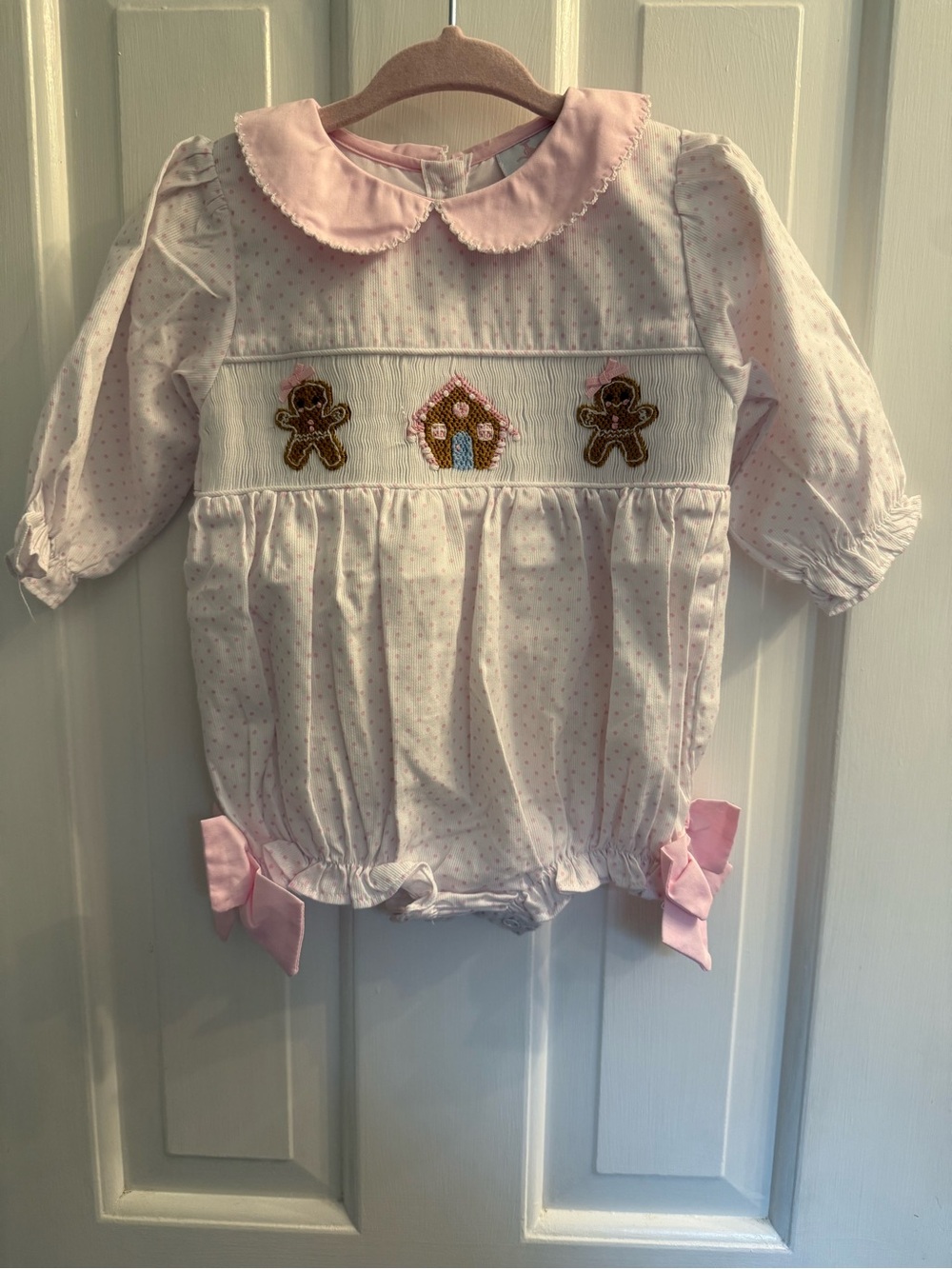 Lillie & Lilah 6M Gingerbread Christmas Smocked Bubble Romper Pink